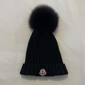 Moncler Fur Pompom Black Ribbed Wool Beanie